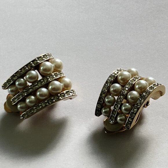 VTG Carolee Earrings Rhinestone Clip Statement Wedding Simulated Diamond Pearls - Picture 8 of 12